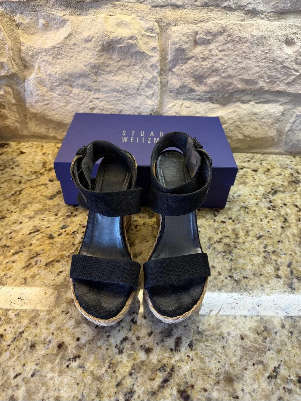 Stuart Weitzman Black Linen Espadrille X Ray Wedges